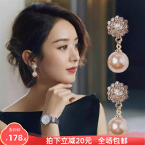 Korean pearl drop earrings temperament high-end atmosphere diamond-set retro sterling silver earrings 2021 new trendy short earrings