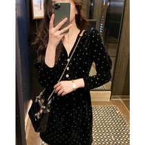 Europe station 2021 spring autumn new gold velvet dress with dress feminine style Slim Loose Temperament Deep V Collar Little Black Dress