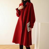 Autumn and winter temperament red double-sided woolen coat womens long Korean fashion high-end double-sided velvet wool jacket New