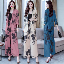 Fashion casual small print wide leg pants suit 2020 autumn new temperament small blazer two-piece set