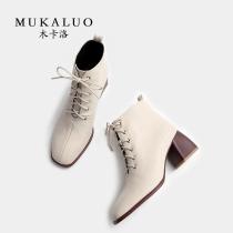 Wooden Carlo Martin boots womens thick-heeled white autumn and winter leather fashion all-match ankle boots square head lace-up high-heeled boots