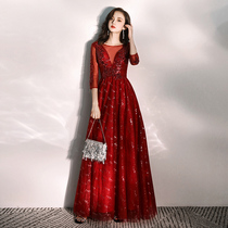 Large size toast suit wine red pregnant woman 2021 summer modern high-end engagement wedding evening dress female thin and long section