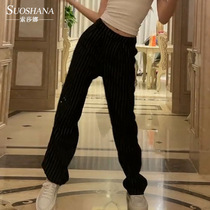 2021 spring and summer trembles Xu Lu vertical stripe casual trousers ins tide high waist slim straight pants same model