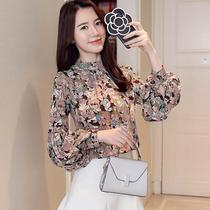 Bakusen 2021 Spring New Korean version of floral lantern sleeves small stand collar foreign atmosphere thin chiffon women