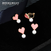Dropping glaze peach blossom small earrings sterling silver temperament Korean personality Joker earrings Pearl Love earrings ear clip no earrings female