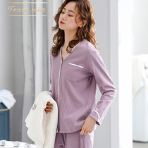 TOUCH MISS PURE COTTON LONG SLEEVE PYJAMAS WOMAN SPRING AUTUMN SEASON HOME DRESS V collar shirt striped minimalist casual suit