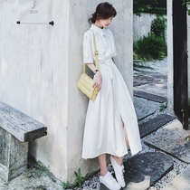 White French shirt dress female summer 2021 new womens waist thin temperament Hepburn style long skirt female fairy