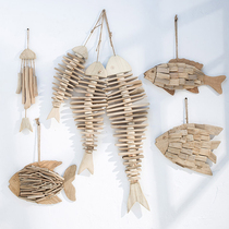 Mediterranean style wooden size fish skewer fish bone pendant Creative fishing net pendant Home wall decoration Wall decoration