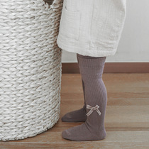 New long drum socks with pantyhose autumn and winter style double stitch pure color butterfly knot girl pants socks baby with underpants socks