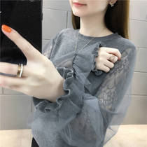 Spring dress new loose Korean version mesh lace stitching knit short long sleeve versatile sweater womens tunic top