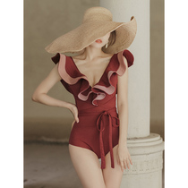 Lorica ruffled swimsuit womens one-piece triangle 2021 new fashion temperament thin belly cover hot spring swimsuit