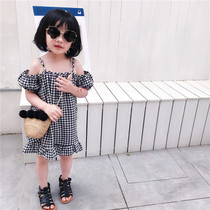 Childrens cotton linen dress Boy clothing 2020 new Korean version Girl girl Girl Baby Girls checkered sling Shoulder Doll Dress dress