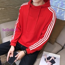 Autumn and winter mens three-bar sportswear hooded red and white striped sweater boys velvet thickened trend hoodie