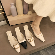 Hong Kong high-heeled sandals women in the summer of 2021 New rivets fashion thin-heeled pointed color-topped semi-slippers