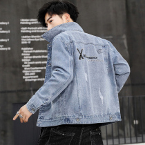 Embroidered denim jacket mens Korean version of the trend wild autumn new mens denim jacket trend brand loose and handsome