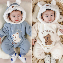 Baby one-piece clothes winter clothing online red baby clothes Winter baby Even body clothes thickened Korean version for going up and down the hat