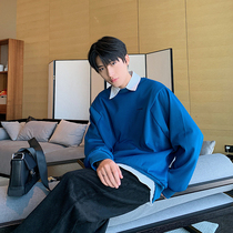 Hualun autumn winter plus fleece couple sweatshirt mens ins round neck no hat no hat loose oversize Klein blue top