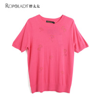 Fat wife Big code Womens in summer New products inlaid with flower color round collar needlework T-shirt T-shirt loose Mom 622105910