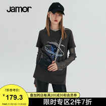 JAMOR2021 autumn new simple print T-shirt fashion loose cotton short sleeve coat women tide smoke gray