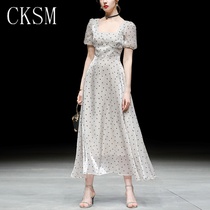 CKSM2021 new womens French polka dot long skirt temperament waist short-sleeved thin mid-length dress casual