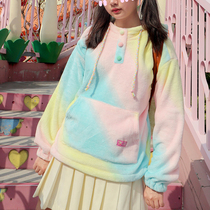 Moon Park) Hooded ball candy-colored marshmallow double-sided velvet color pocket sweater white soft and cute winter