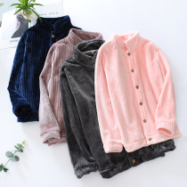 Winter thick flannel pajamas top womens one-piece long-sleeved shirt round neck warm coral velvet home cardigan