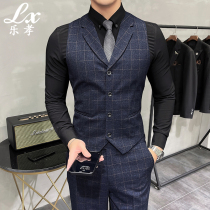 Plaid suit vest mens groom wedding Best Man Group Brotherhood flat barge collar fashion dress waistcoat set tide