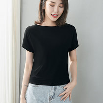 Summer collarbone T-shirt Joker feeling niche short sleeve women loose fat mm large size casual high waist top female Black