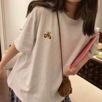 Japan SLY bear logo basic round neck casual loose solid color short-sleeved T-shirt womens top summer new