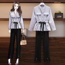 Big woman high-end large size womens clothing 2020 early autumn new fat mm foreign style thin shirt pants two-piece suit