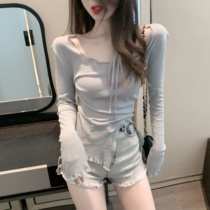 Original single Italian womens clothing cut with elegant irregular strap open fork and collarbone slim fit sunscreen T-shirt woman