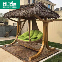 Oude outdoor thatch roof swing hanging chair villa holiday leisure hanging basket solid wood removable swing basket