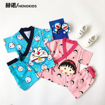 ins Childrens Japanese kimono pajamas summer new bathrobe sweat steaming clothes for men and women baby cotton home clothes set