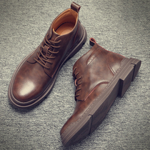 Martin Boots Man Middle Helper Autumn winter Garnapping Overalls boot Inn Wind trendy leather Short boots Korean version High helping mens shoes