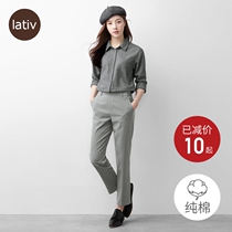 Lativ dress womens flannel shirt long sleeve shirt cotton OL plain workplace top out couple womens wear