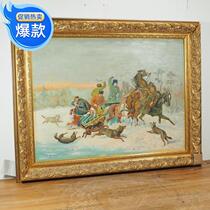 Western Antique Oil Painting 1941 Russian Sledge Iron Triangle Man Wolfs Winter Scene 100 * 80 cm