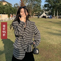 SUN11 thousand bird grid knitted suit jacket women 2021 Spring and Autumn New Korean version design feel thick loose jacket