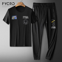 Clear Cabin Special Price Mens New Two Sets Summer T-Shirt Male Short Sleeve Embroidered Printed Casual Suit Long Pants Boom