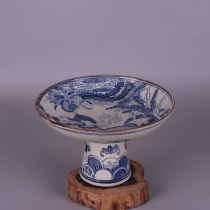 Qing Kangxi year blue and white unicorn Phoenix picture fruit plate antique antique antique antique antique porcelain retro ornaments Folk Collection