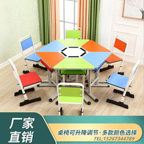 Student desks and chairs hexagonal splicing table art reading table multimedia table training institution combination counseling class table