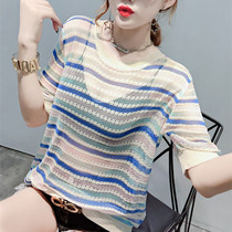 European and American tide brand 2021 summer foreign style perspective short sleeve T-shirt women European loose half sleeve hollow knit jacket ins