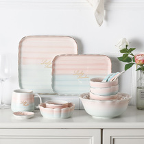 Nordic pink girl heart ceramic bowl home soup bowl rice dish set dish dish dish dish