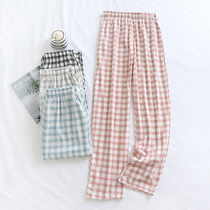 Pure Cotton Plaid Sleeping Pants Woman Summer Thin big code Ladies casual minimalist All cotton Home Residence Big Code Outwear Long Pants
