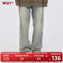 (WUT official store) winter series original design washed retro Icelandic white and blue jeans trousers