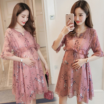 2021 Pregnant women summer pregnant period Chiffon dress Medium long loose large size dress Floral mid sleeve skirt