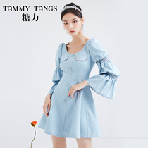 (Mall same section) Sugar spring fall new 90% Horn Cuff Hit-colored webbing cashew with slim one-piece dress