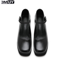 emuy black high heels womens thick heel 2021 new thick-soled height-increasing single shoes retro square head shallow mouth Mary jane shoes