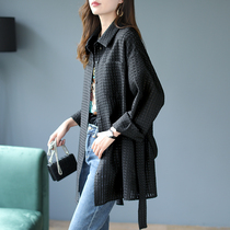 Bo Shi Li long belt long sleeve black coat women autumn 2021 New loose waist slim top