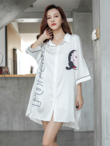 2020 New Ice Silk Sleeping Dress Woman Short Sleeve Sexy Long Summer Cute White Shirt Big Code Pyjamas