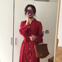 Europe station 2020 new French retro red very fairy floral long dress autumn sweet thin dress female